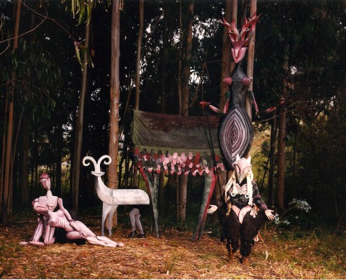 Pandemonium, a spring-themed production by Chris Hardman, was nighttime outdoor theater adventure in the forests and meadows of the Marin Headlands. The show is an homage to Pan and the metaphysics of Springtime and a send-up of the spring wedding season. The production featured audience members in headphones walking through the woods to encounter 35-foot puppets, masked actors, and site-specific lighting effects.