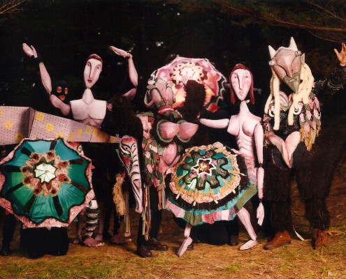 Pandemonium, a spring-themed production by Chris Hardman, was nighttime outdoor theater adventure in the forests and meadows of the Marin Headlands. The show is an homage to Pan and the metaphysics of Springtime and a send-up of the spring wedding season. The production featured audience members in headphones walking through the woods to encounter 35-foot puppets, masked actors, and site-specific lighting effects.